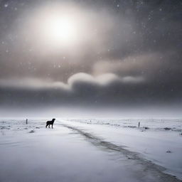 Create a fine art, photo-quality image of a night-time blizzard on the high plains