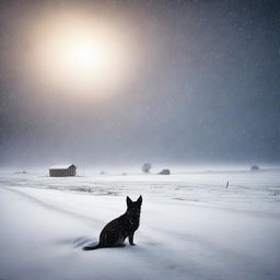 Create a fine art, photo-quality image of a night-time blizzard on the high plains