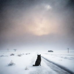 Create a fine art, photo-quality image of a night-time blizzard on the high plains