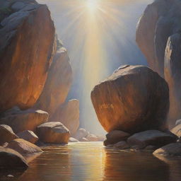 A stunning painting showcasing the name 'JYOTI', gloriously lit by passing rays of light. Enigmatically, large rocks seem to float above the name.