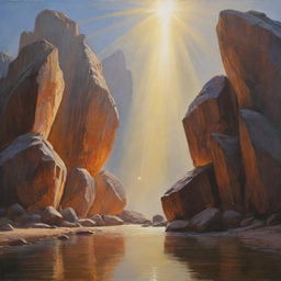 A stunning painting showcasing the name 'JYOTI', gloriously lit by passing rays of light. Enigmatically, large rocks seem to float above the name.