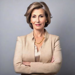 A mature woman with a confident stance, wearing elegant attire