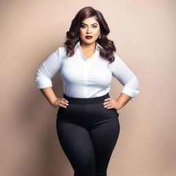 A confident and stylish woman with a curvy figure, wearing fashionable clothing