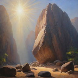 A stunning painting showcasing the name 'JYOTI', gloriously lit by passing rays of light. Enigmatically, large rocks seem to float above the name.