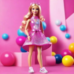 A detailed and vibrant image of a girl dressed as Barbie in a stylish and modern outfit