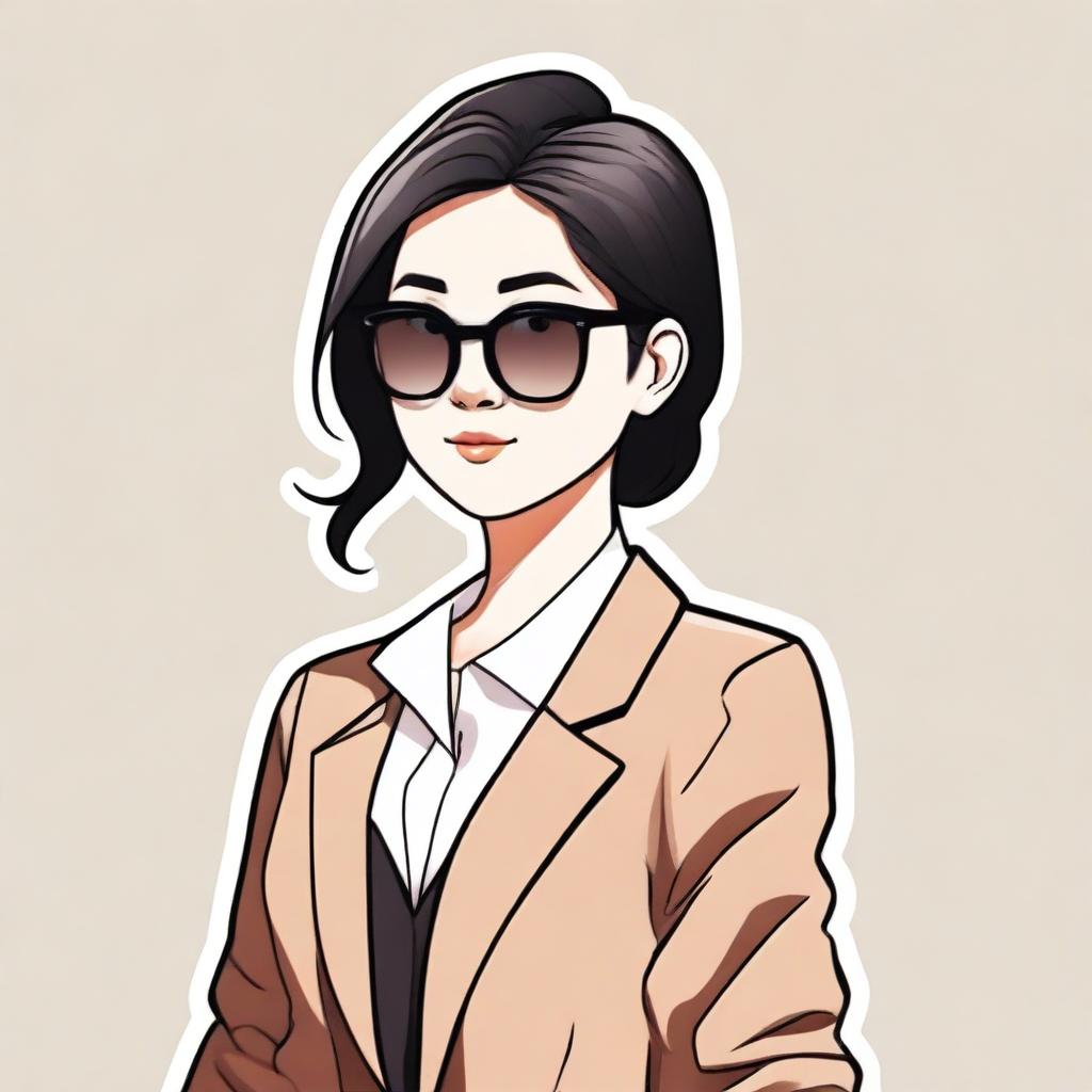 A kawaii-style illustration of a woman with black hair in a bun, wearing sunglasses, a white blouse, and a black blazer