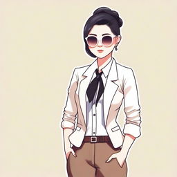 A kawaii-style illustration of a woman with black hair in a bun, wearing sunglasses, a white blouse, and a black blazer