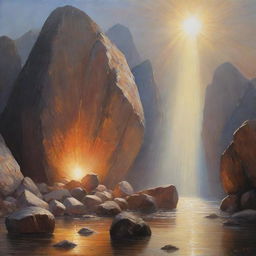 A stunning painting showcasing the name 'JYOTI', gloriously lit by passing rays of light. Enigmatically, large rocks seem to float above the name.