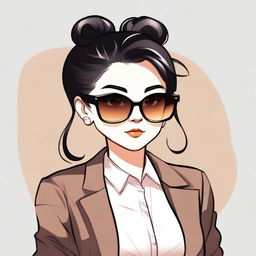 A kawaii-style illustration of a woman with black hair in a bun, wearing sunglasses, a white blouse, and a black blazer