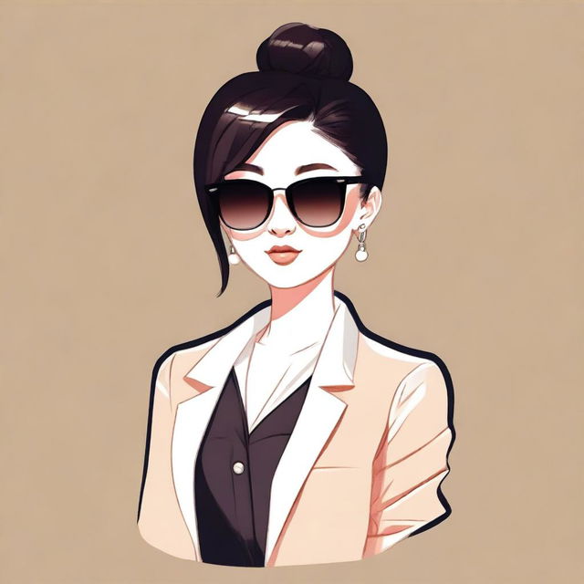 A kawaii-style illustration of a woman with black hair in a bun, wearing sunglasses, a white blouse, and a black blazer