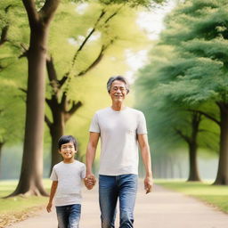 A father and son walking towards the camera, their faces clearly visible