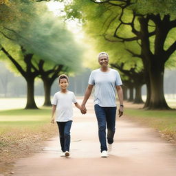 A father and son walking towards the camera, their faces clearly visible