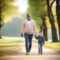 A father and son walking towards the camera, their faces clearly visible