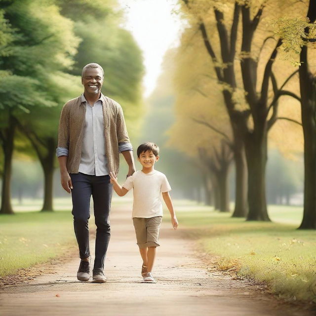 A father and son walking towards the camera, their faces clearly visible