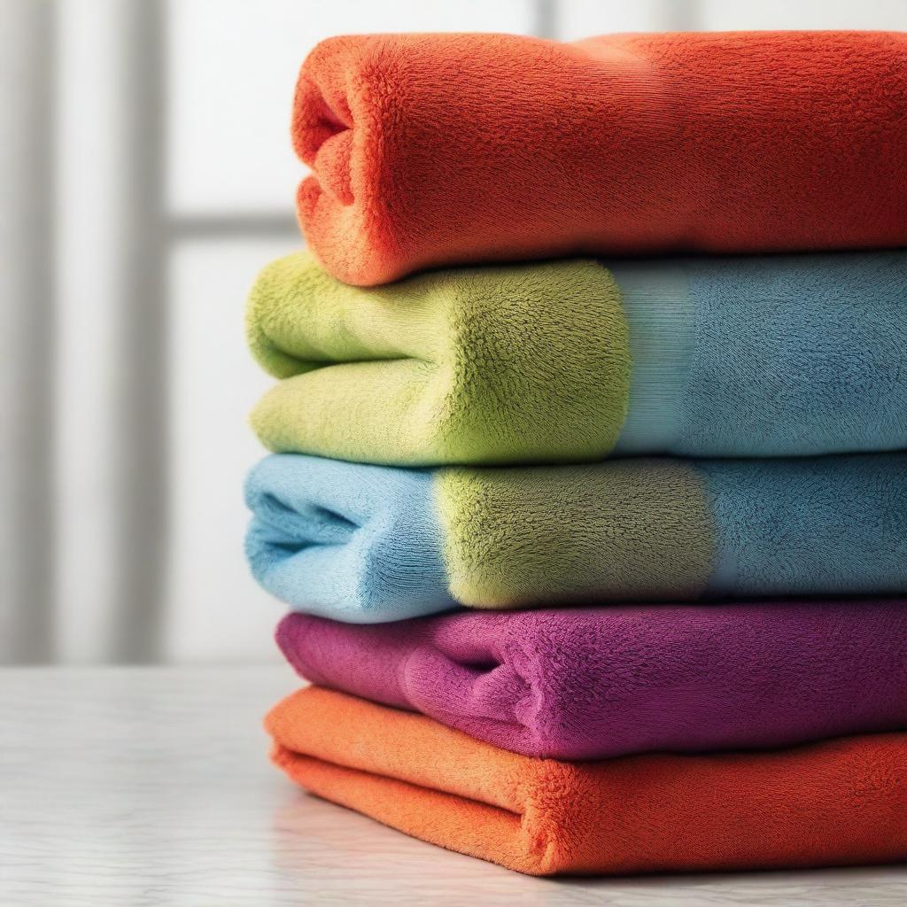 A set of towels in vibrant, strong colors with a clearly defined terry cloth texture