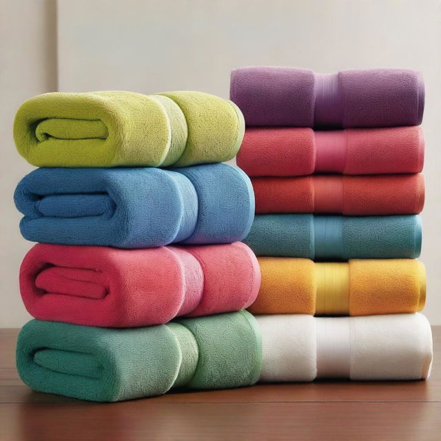 A set of rolled towels in vibrant, strong colors with a clearly defined terry cloth texture