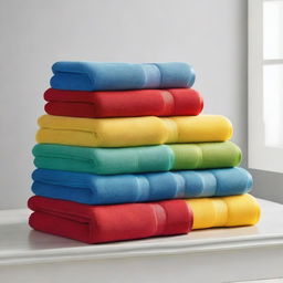 A set of rolled towels in vibrant, strong colors with a clearly defined terry cloth texture