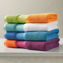 A set of rolled towels in vibrant, strong colors with a clearly defined terry cloth texture