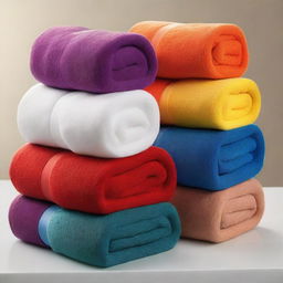 A set of rolled towels in vibrant, strong colors with a clearly defined terry cloth texture