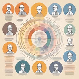 A detailed illustration of psychological personality theories, showcasing various concepts such as the Big Five personality traits, Freud's psychoanalytic theory, and Carl Jung's archetypes