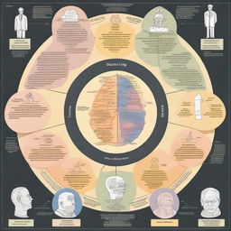 A detailed illustration of psychological personality theories, showcasing various concepts such as the Big Five personality traits, Freud's psychoanalytic theory, and Carl Jung's archetypes