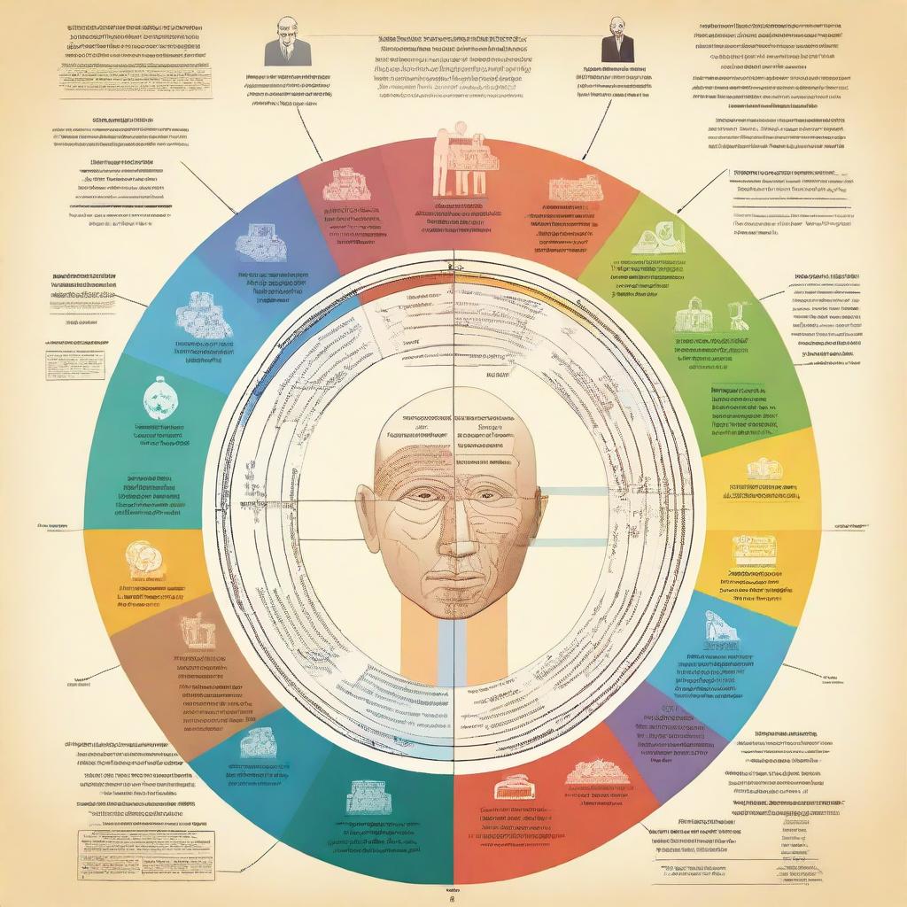 A detailed illustration of psychological personality theories, showcasing various concepts such as the Big Five personality traits, Freud's psychoanalytic theory, and Carl Jung's archetypes