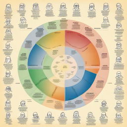 A detailed illustration of psychological personality theories, showcasing various concepts such as the Big Five personality traits, Freud's psychoanalytic theory, and Carl Jung's archetypes