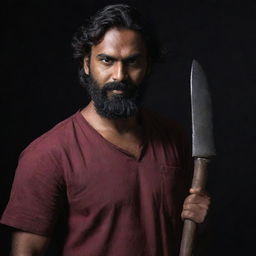 An Indian man with dark skin, unruly hair up to his cheeks, and a trimmed beard, wearing a deep red or maroon shirt, holding two short axes in a dimly lit, atmospheric setting.