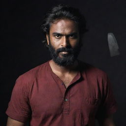 An Indian man with dark skin, unruly hair up to his cheeks, and a trimmed beard, wearing a deep red or maroon shirt, holding two short axes in a dimly lit, atmospheric setting.