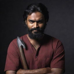 An Indian man with dark skin, unruly hair up to his cheeks, and a trimmed beard, wearing a deep red or maroon shirt, holding two short axes in a dimly lit, atmospheric setting.