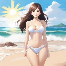 A beautiful Japanese girl with a sexy, curvaceous white body wearing a stylish bikini