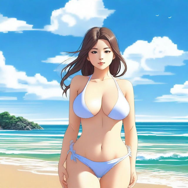 A beautiful Japanese girl with a curvy body and big breasts, wearing a stylish bikini