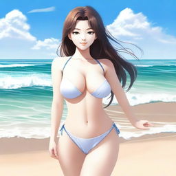 A beautiful Japanese girl with a curvy body and big breasts, wearing a stylish bikini