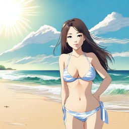 A beautiful Japanese girl with a curvy body and big breasts, wearing a stylish bikini