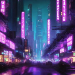 A dark and decadent cyberpunk city, with skyscrapers of various sizes, illuminated by neon signs that light up the night