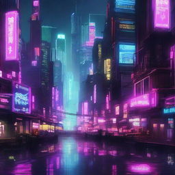 A dark and decadent cyberpunk city, with skyscrapers of various sizes, illuminated by neon signs that light up the night