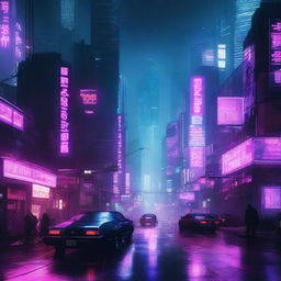 A dark and decadent cyberpunk city, with skyscrapers of various sizes, illuminated by neon signs that light up the night