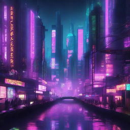 A dark and decadent cyberpunk city, with skyscrapers of various sizes, illuminated by neon signs that light up the night