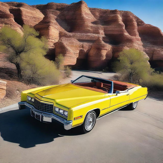 A detailed image of a 1973 yellow Eldorado convertible widebody, showcasing its classic design and wide stance