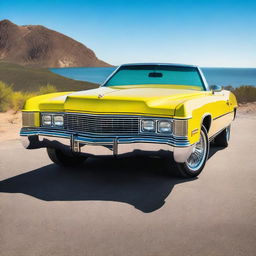 A detailed image of a 1973 yellow Eldorado convertible widebody, showcasing its classic design and wide stance