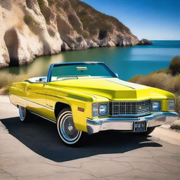 A detailed image of a 1973 yellow Eldorado convertible widebody, showcasing its classic design and wide stance