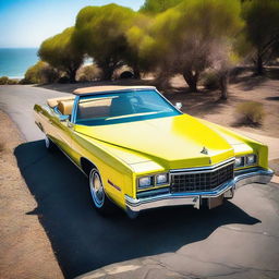 A detailed image of a 1973 yellow Eldorado convertible widebody, showcasing its classic design and wide stance