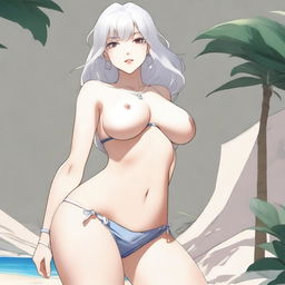 A small woman with white hair, large thighs, and a small chest wearing a bikini