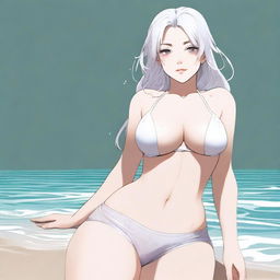 A small woman with white hair, large thighs, and a small chest wearing a bikini