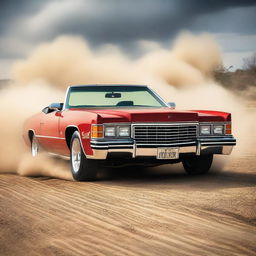 A detailed image of a 1973 Cadillac Eldorado convertible modified for rally racing