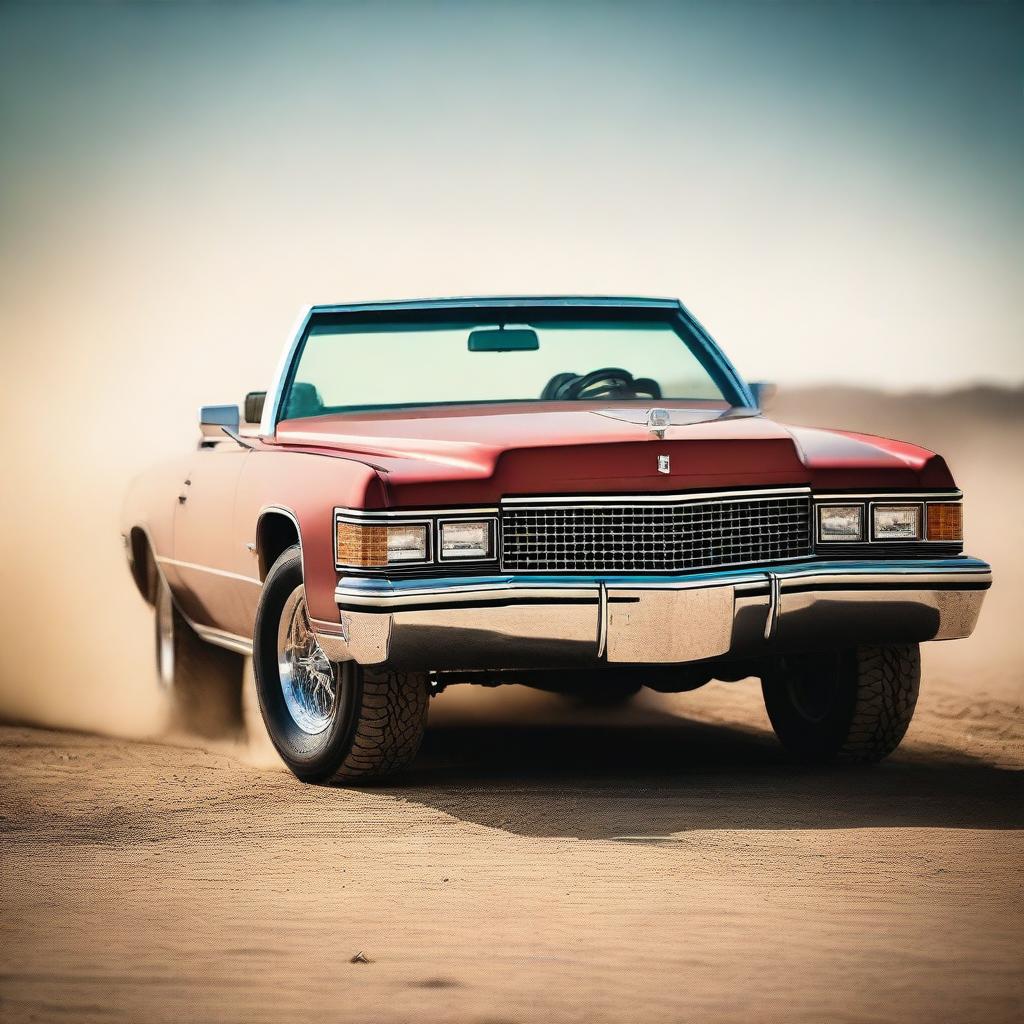 A detailed image of a 1973 Cadillac Eldorado convertible modified for rally racing