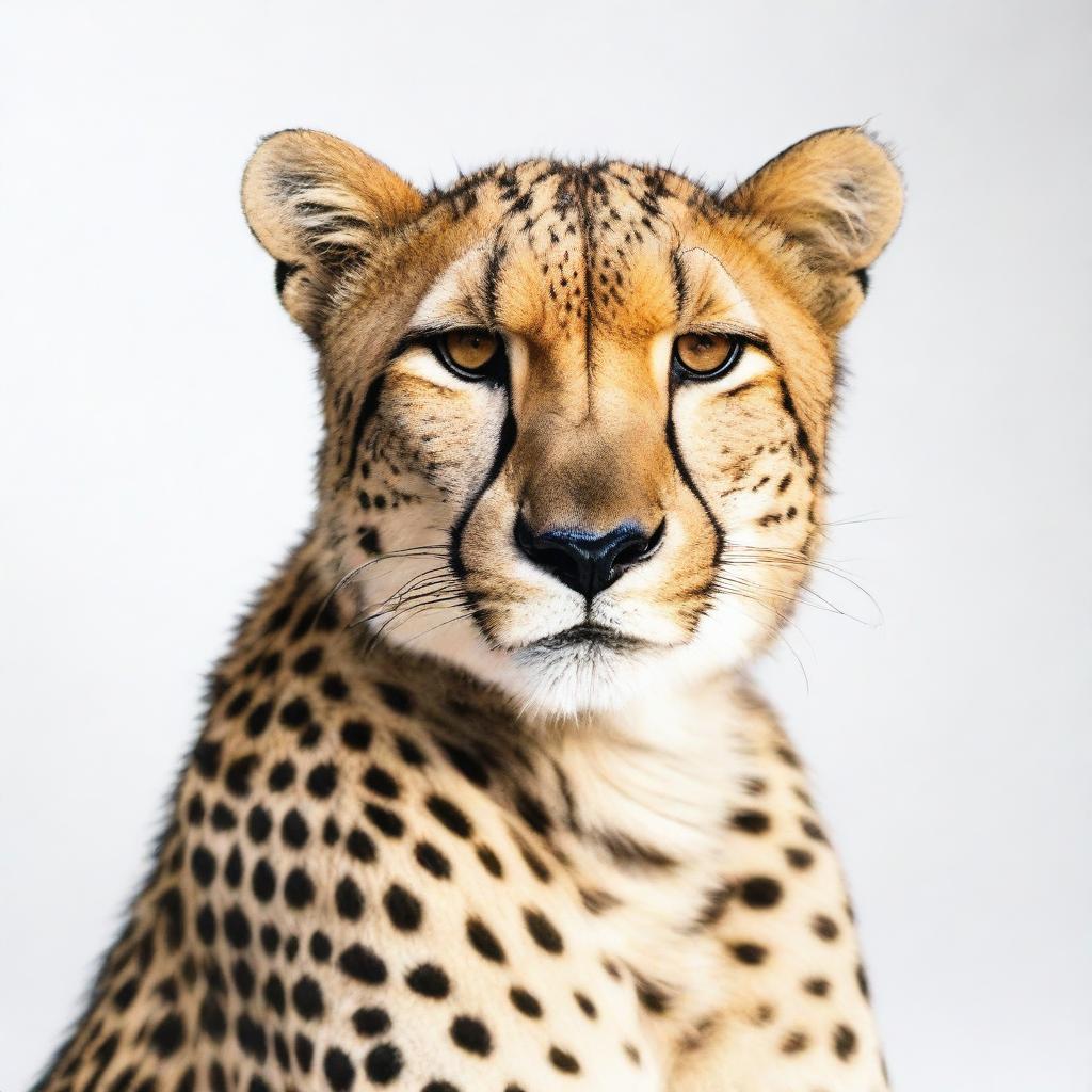 A realistic photo of a cheetah sitting with its full body visible against a white background