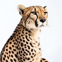 A realistic photo of a cheetah sitting with its full body visible against a white background