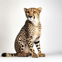 A realistic photo of a cheetah sitting with its full body visible against a white background