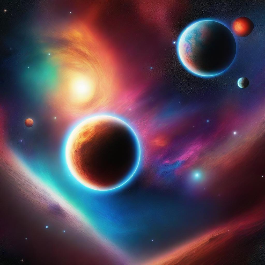 A multi-planet star system with colorful nebulas and swirling gases